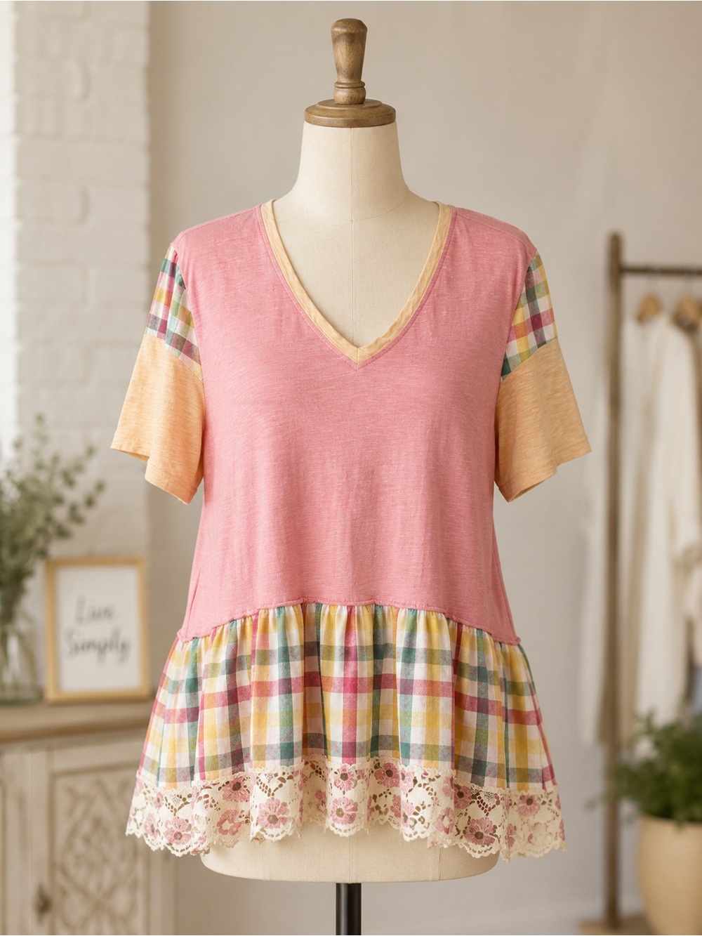 Pink V-Neck Plaid Peplum Tunic with Lace Trim